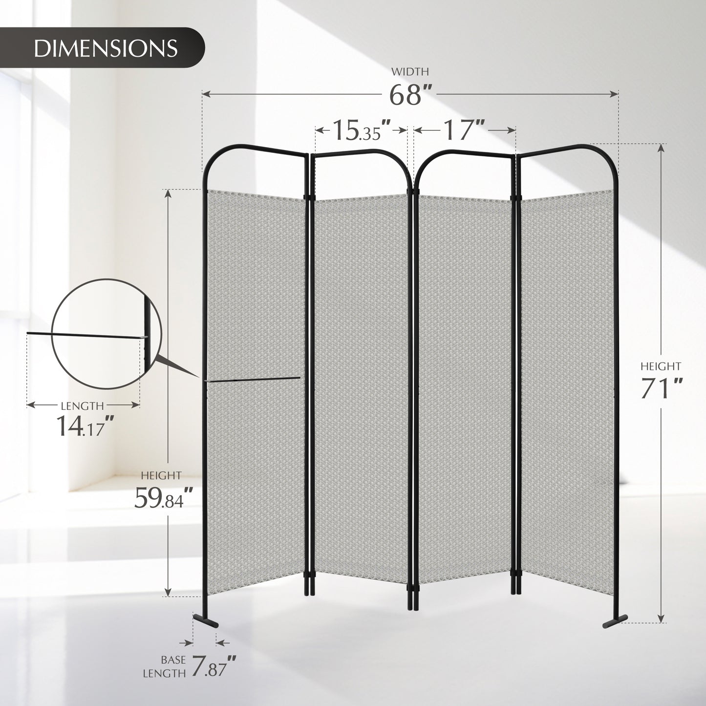 4-Panel Folding Room Divider, Adjutable Layout, 68"x71", Swing