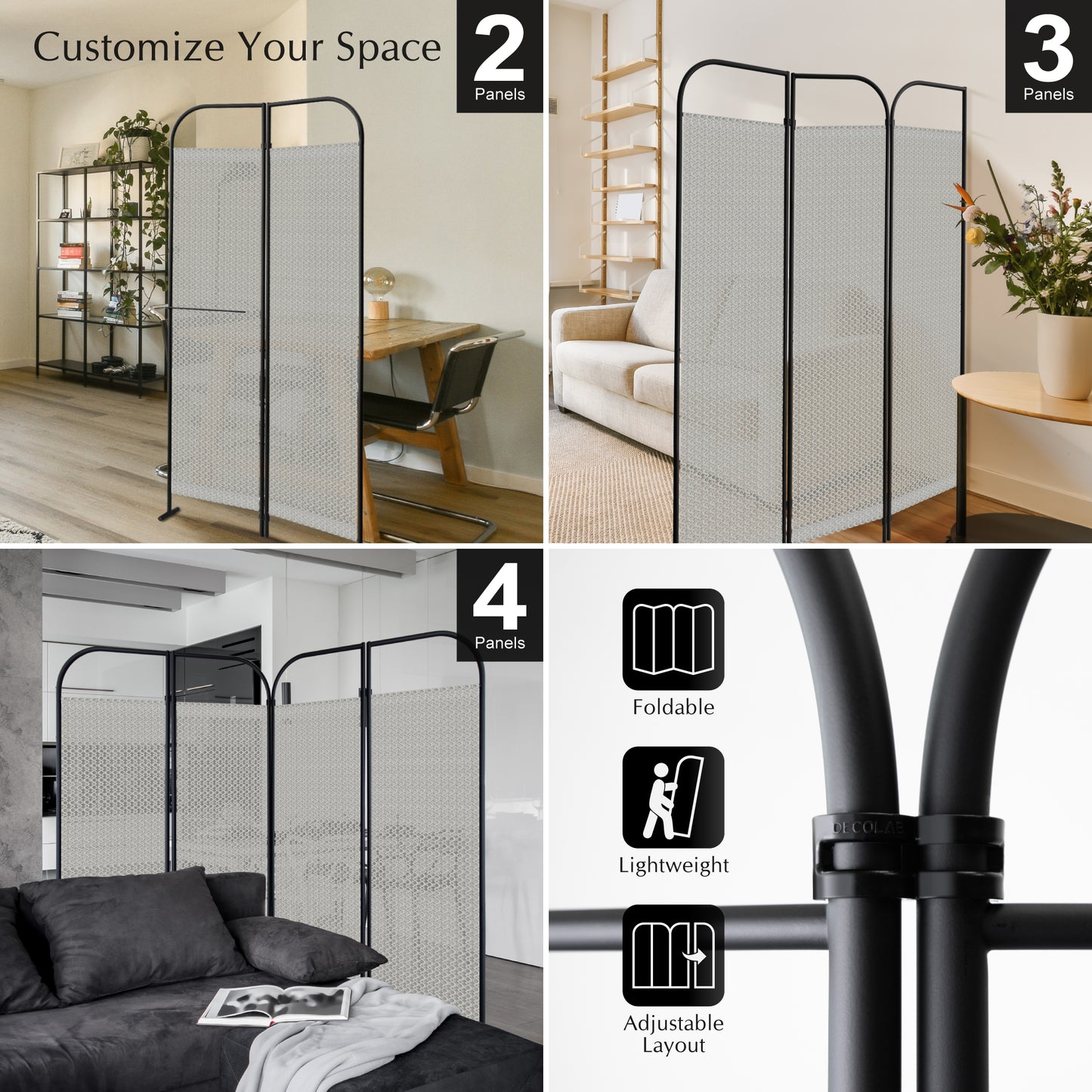 4-Panel Folding Room Divider, Adjutable Layout, 68"x71", Swing