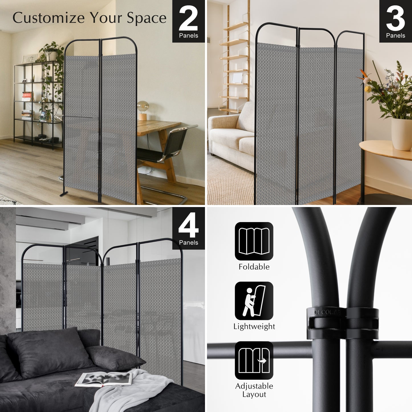 4-Panel Folding Room Divider, Adjustable Layout, 68"x71", Jazz