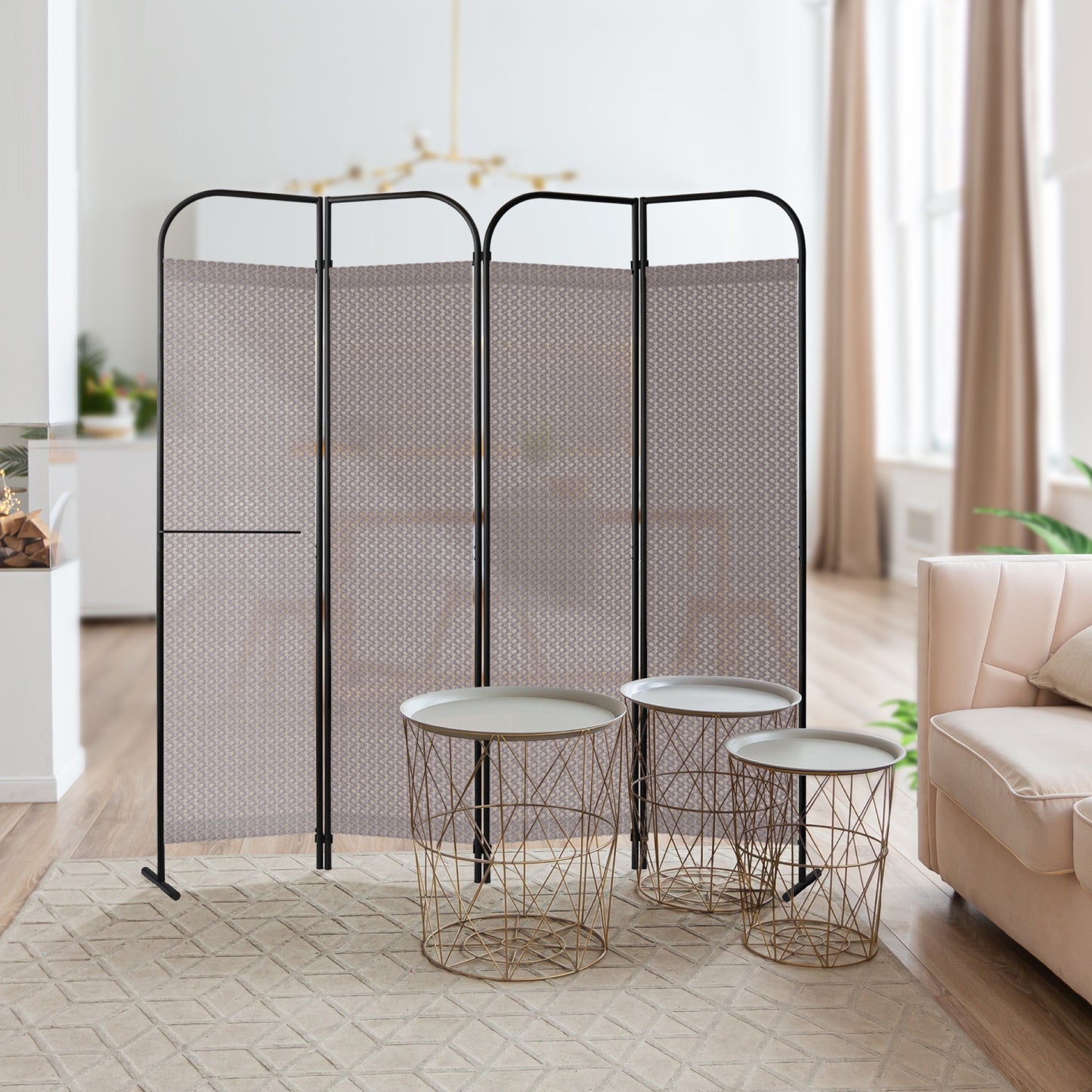 4-Panel Folding Room Divider, Adjustable Layout, 68"x71", Waltz