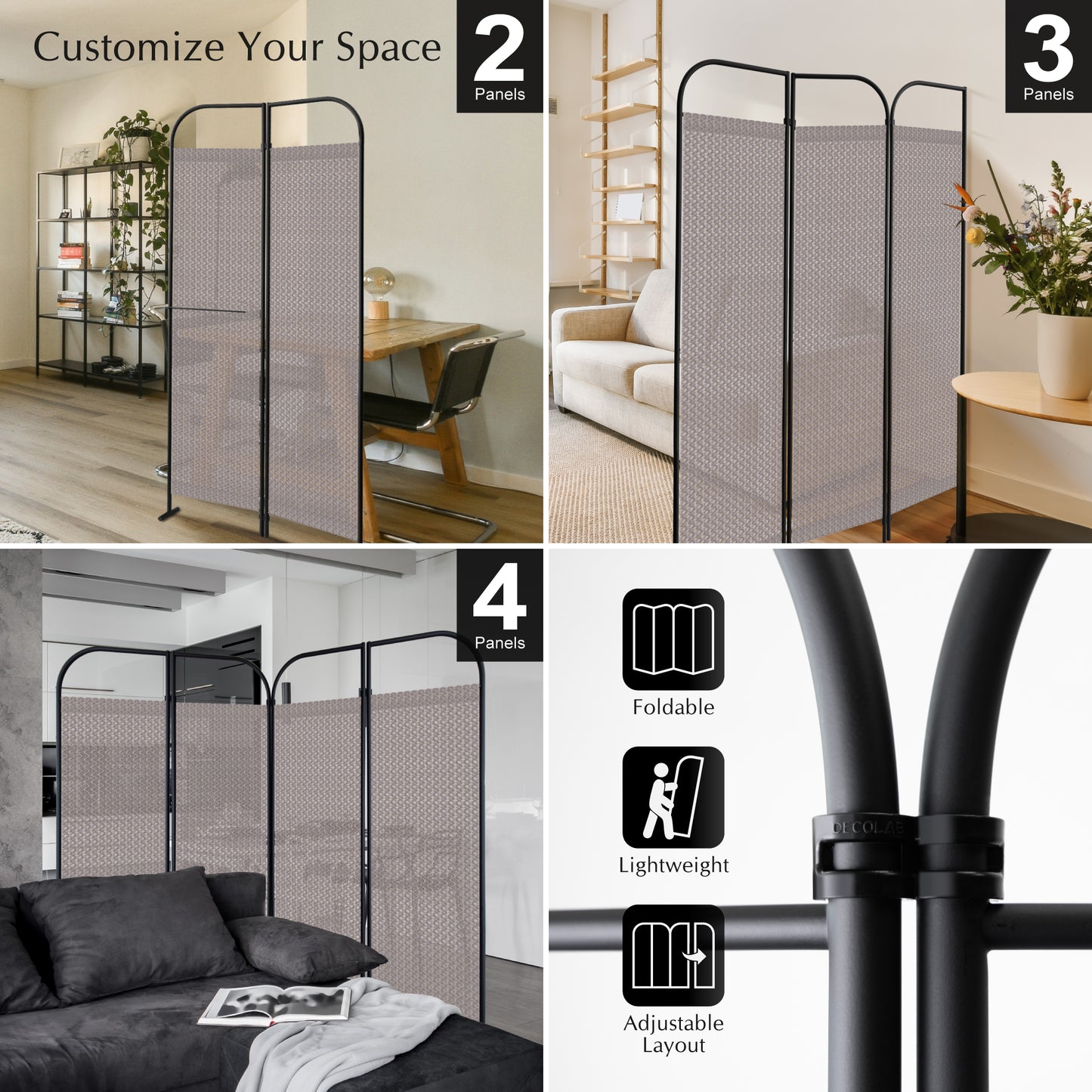 4-Panel Folding Room Divider, Adjustable Layout, 68"x71", Waltz