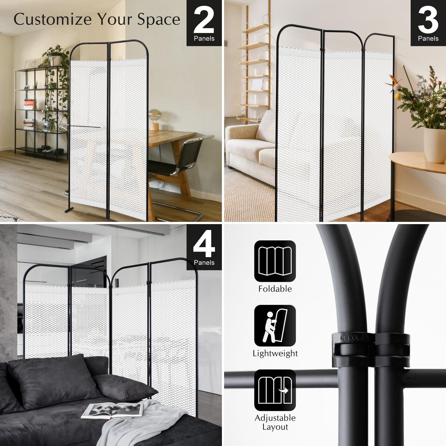 4-Panel Folding Room Divider, Adjustable Layout, 68"x71", Queen