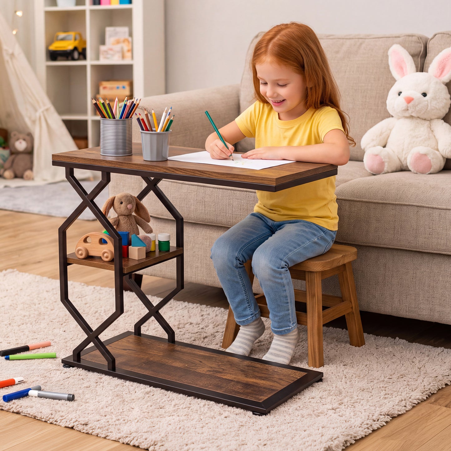 Side Table End Table, 23.6"x24"x11.8", Rustic Brown