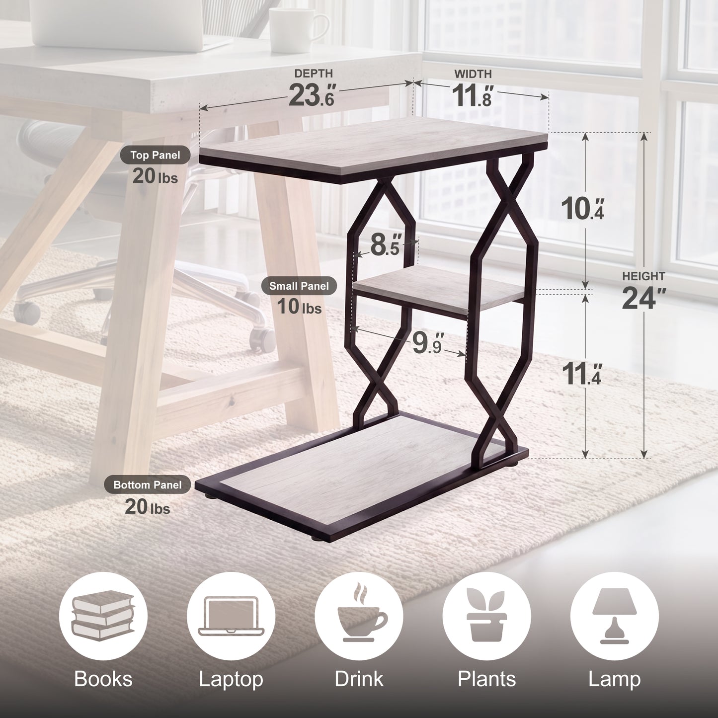 Side Table End Table, 23.6"x11.8"x24", Rustic White