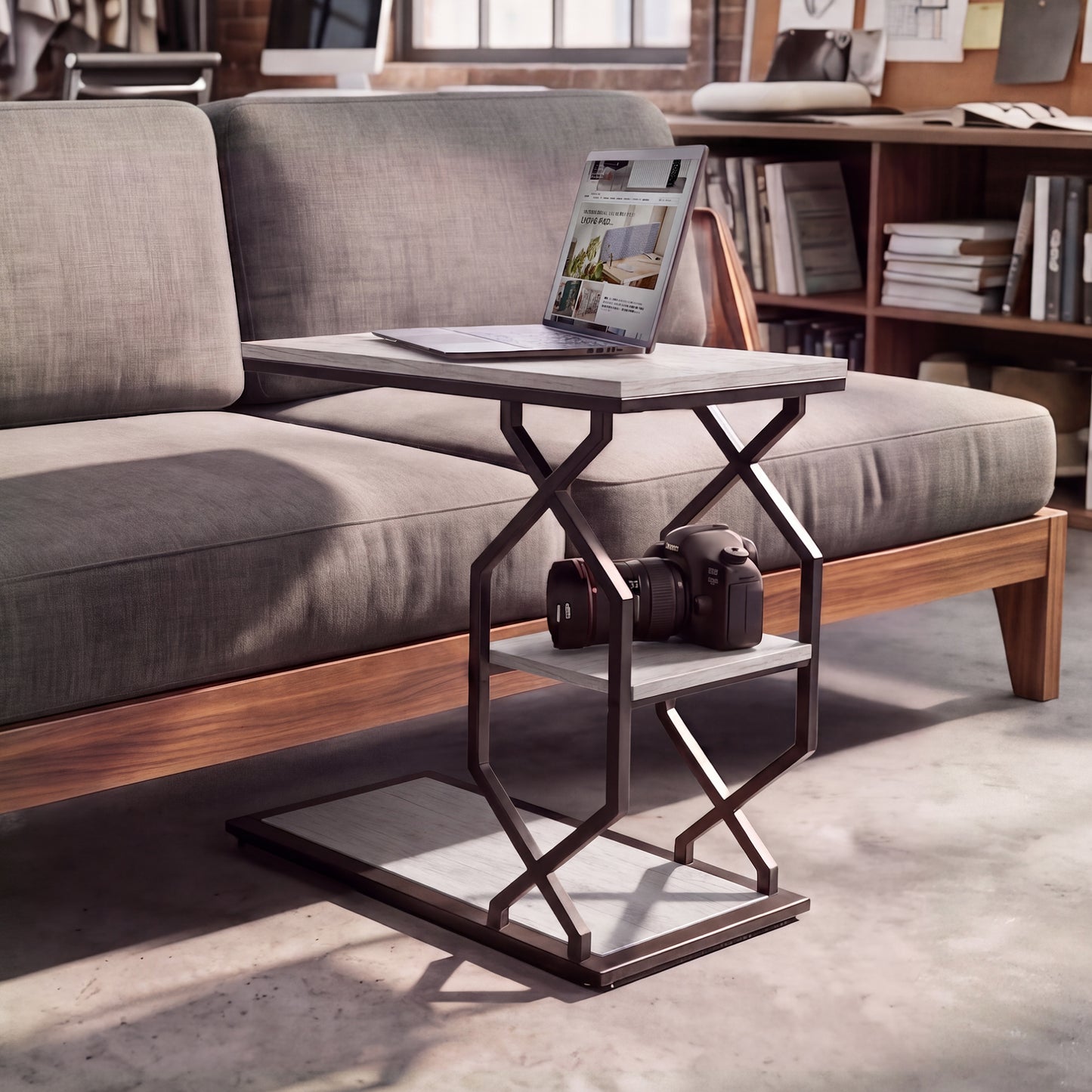Side Table End Table, 23.6"x11.8"x24", Rustic White