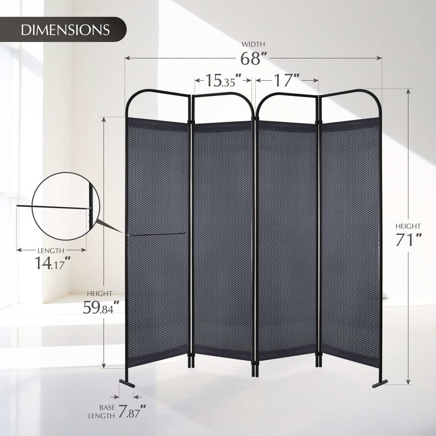 4-Panel Folding Room Divider, Adjustable Layout, 68"x71", Knight